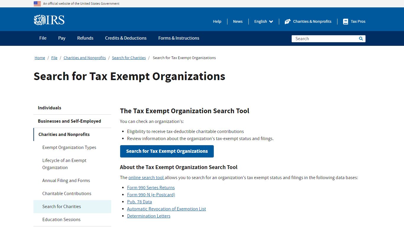 Search for Tax Exempt Organizations | Internal Revenue Service